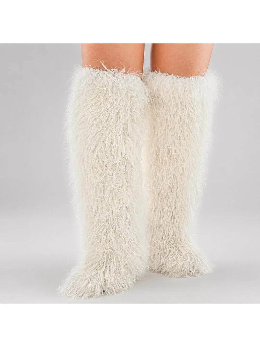 Women's Beige Faux Fur Flat Stretch Over The Knee Furry Thigh High Boots